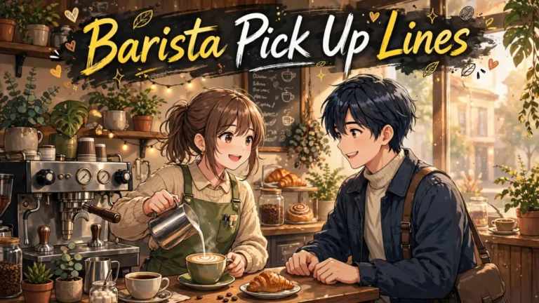 A smiling barista pouring latte art behind the espresso machine in a cozy café, the perfect scene for barista pick up lines