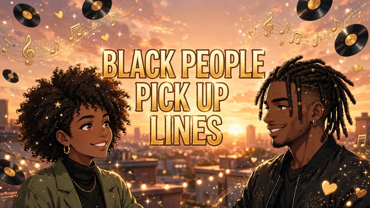 Black People Pick Up Lines featured image: stylish anime couple with vinyl records, title text in the center