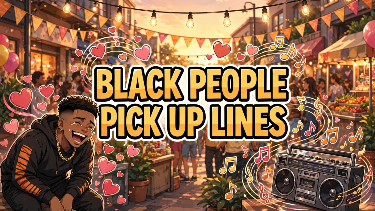 Funny Black People Pick Up Lines image: laughing anime guy with a fresh fade at a block party, title text in the center