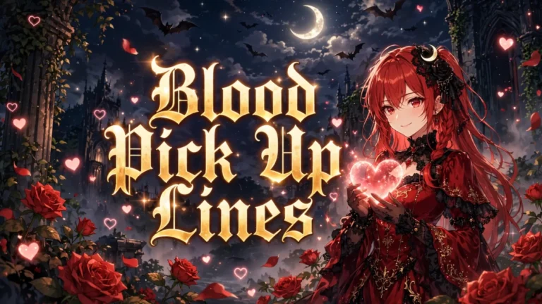 Blood Pick Up Lines featured image: confident red-haired anime girl in an elegant crimson gothic dress holding a glowing heart, title text in the center