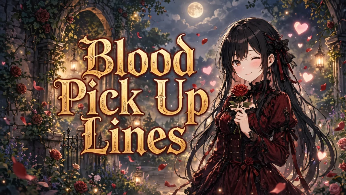 Flirty Blood Pick Up Lines image: winking anime girl with long black hair in a dark-red dress holding a red rose, title text in the center