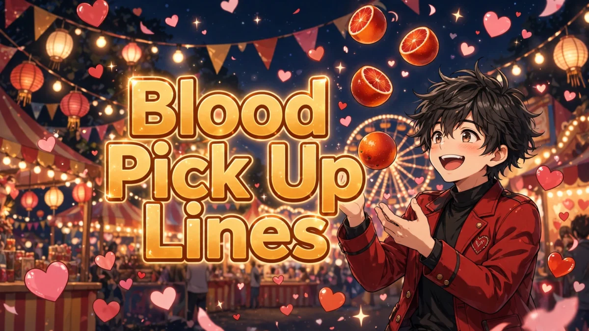 Funny Blood Pick Up Lines image: laughing anime boy with dark messy hair in a crimson jacket juggling blood oranges, title text in the center