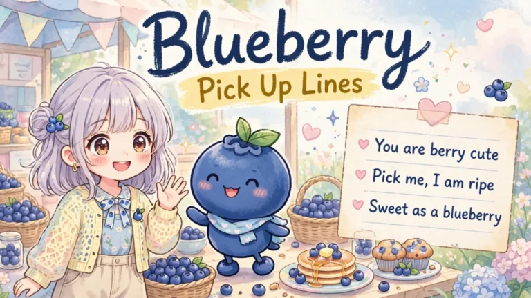 Blueberry Pick Up Lines featured image: cute anime girl smiling beside a smiling blueberry character with baskets of blueberries, pancakes and muffins