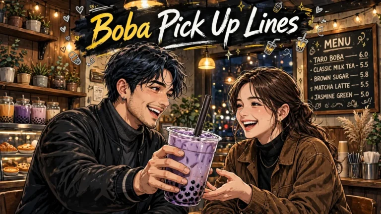 Boba pick up lines: an anime couple laughing together while sharing taro and brown sugar boba cups in a bubble tea cafe.