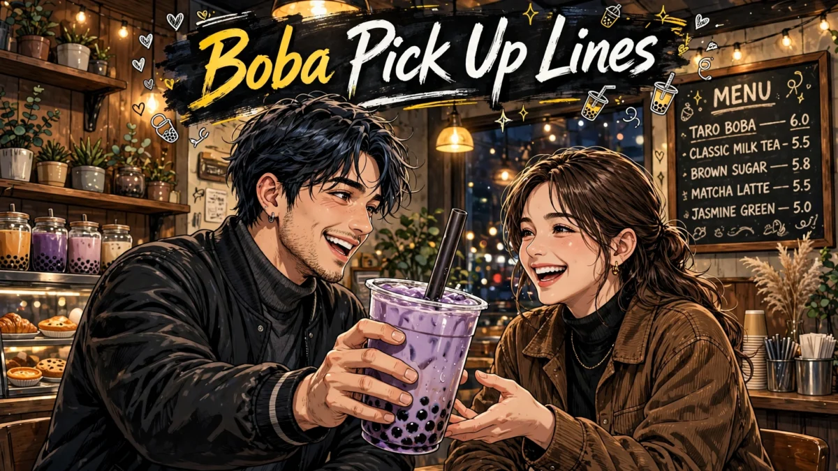 Boba pick up lines: an anime couple laughing together while sharing taro and brown sugar boba cups in a bubble tea cafe.