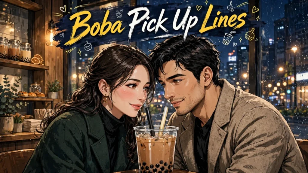Flirty boba pick up lines: an anime couple on an evening boba date leaning close over one shared bubble tea cup with two straws.
