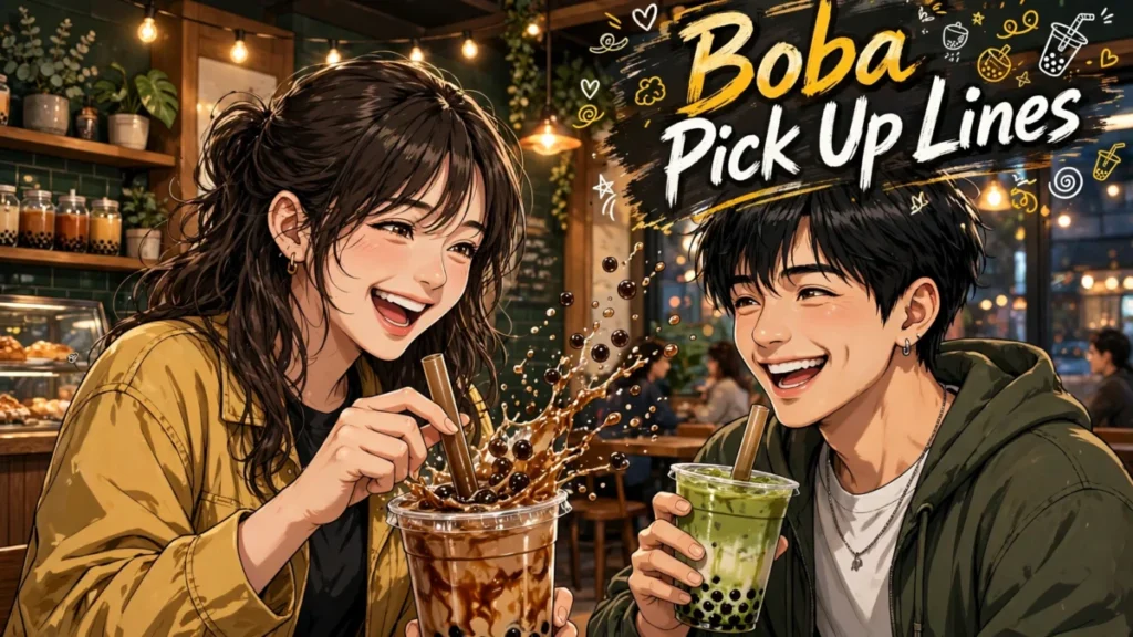 Funny boba pick up lines: an anime couple joking as they pop the sealed lid of a brown sugar boba cup with a big straw.