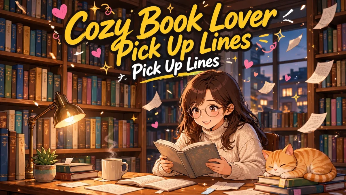 Cozy Book Lover Pick Up Lines featured image: anime girl with glasses reading in a warm library with a sleeping cat, floating books and hearts