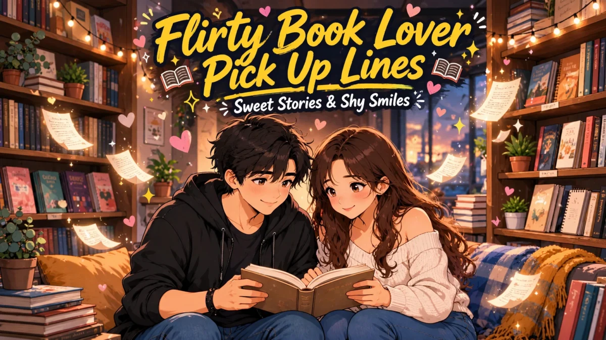 Flirty Book Lover Pick Up Lines image: winking anime girl with glasses in a bookstore holding a romance novel with floating hearts