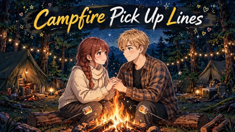 A young anime couple holding hands by a glowing campfire under the stars, perfect for campfire pick up lines.