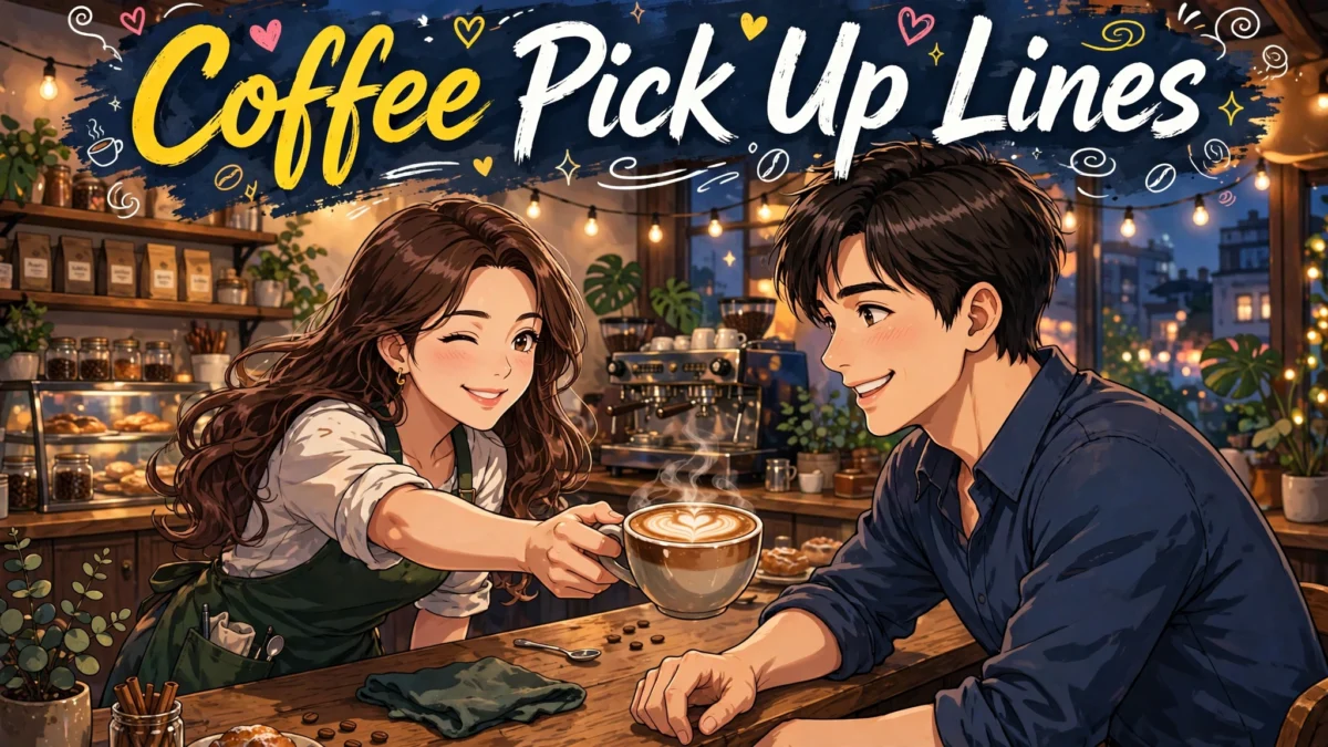 Flirty Coffee Pick Up Lines image: winking anime barista girl handing a heart-foam cappuccino to a smiling boy across an evening café counter, title text in the upper area