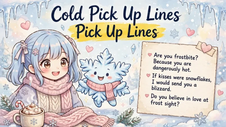 Cute anime girl with a smiling snowflake character, headline Cold Pick Up Lines with yellow brush-stroke highlight and heart-bullet note paper