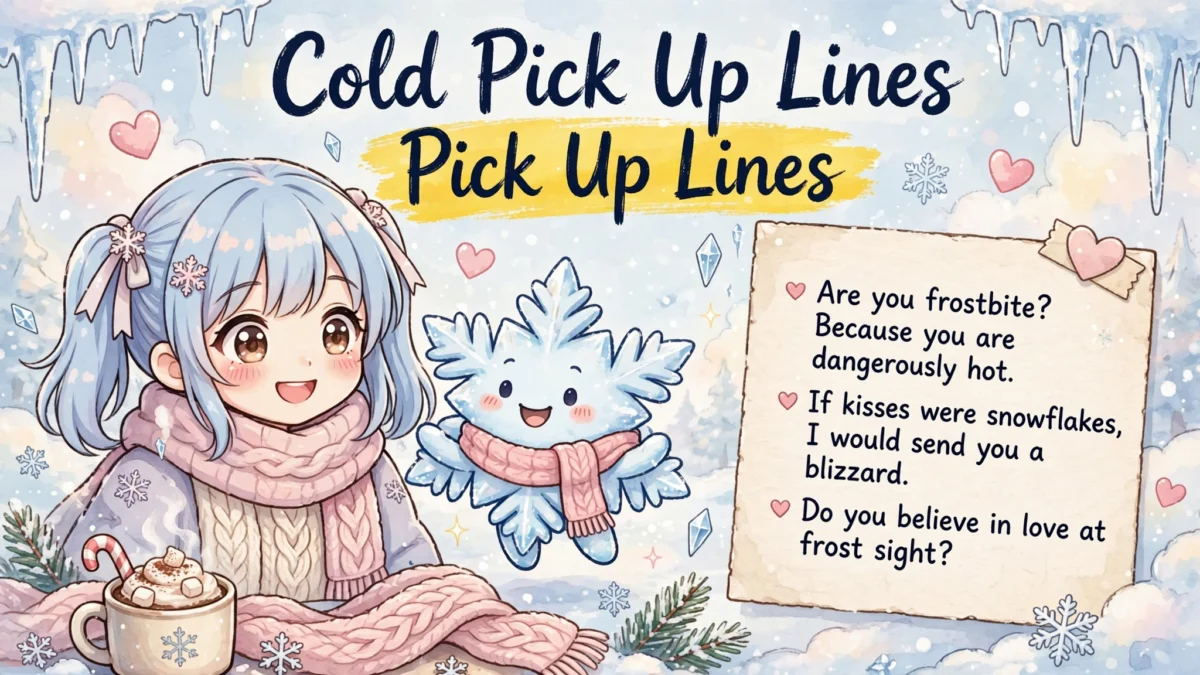 Cute anime girl with a smiling snowflake character, headline Cold Pick Up Lines with yellow brush-stroke highlight and heart-bullet note paper