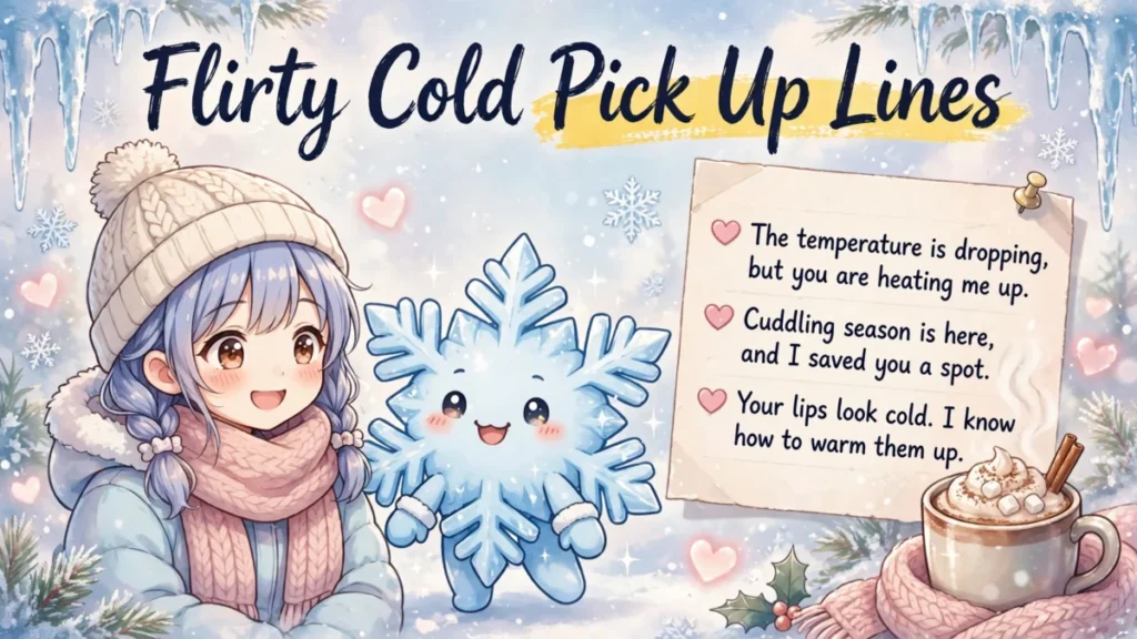 Cute anime girl with a smiling snowflake character, headline Flirty Cold Pick Up Lines with yellow brush-stroke highlight and heart-bullet note paper