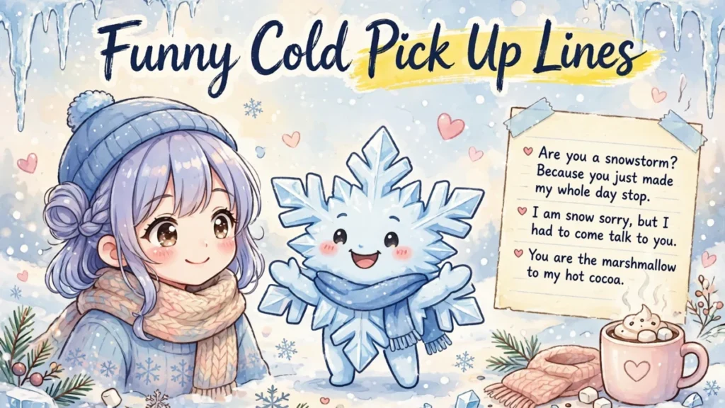 Cute anime girl with a smiling snowflake character, headline Funny Cold Pick Up Lines with yellow brush-stroke highlight and heart-bullet note paper