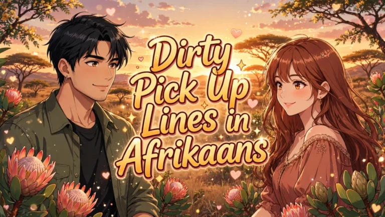 Dirty Pick Up Lines in Afrikaans featured image: confident anime couple in a warm South African sunset scene with protea flowers, title text in the center