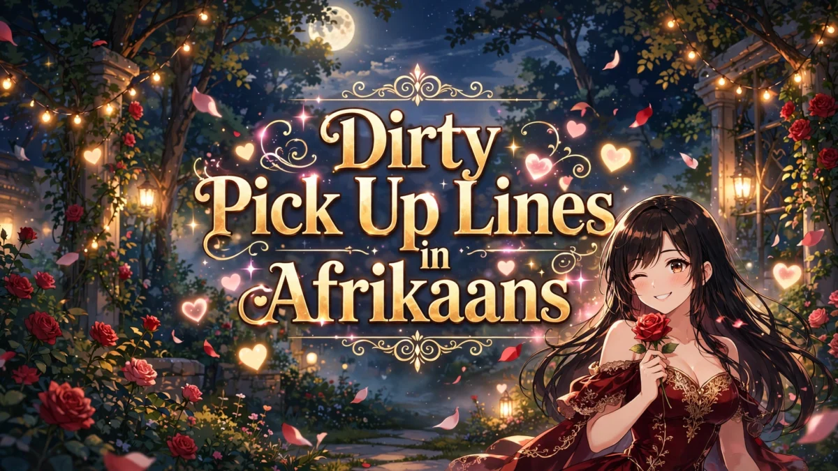 Flirty Dirty Pick Up Lines in Afrikaans image: winking anime girl with long dark hair in a deep-red evening dress holding a red rose, title text in the center