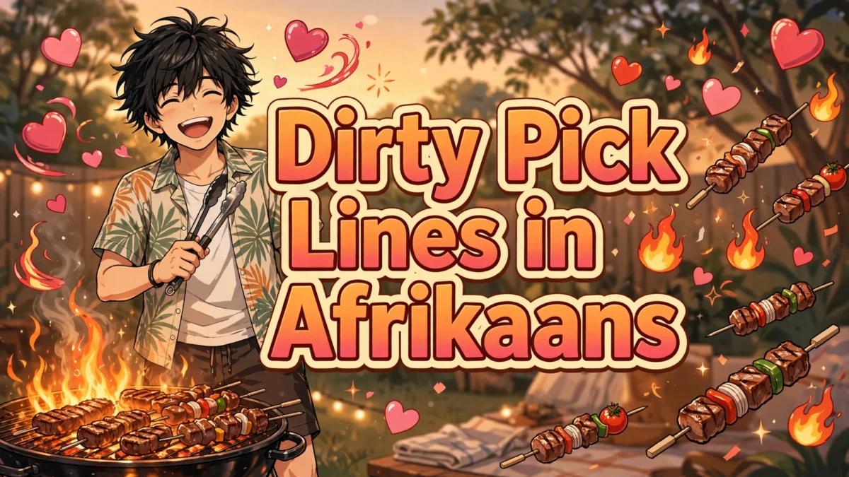 Funny Dirty Pick Up Lines in Afrikaans image: laughing anime boy in a casual braai outfit holding barbecue tongs at a glowing grill, title text in the center
