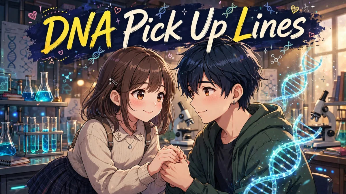 A young couple in a science lab with glowing DNA helix strands, perfect for DNA pick up lines