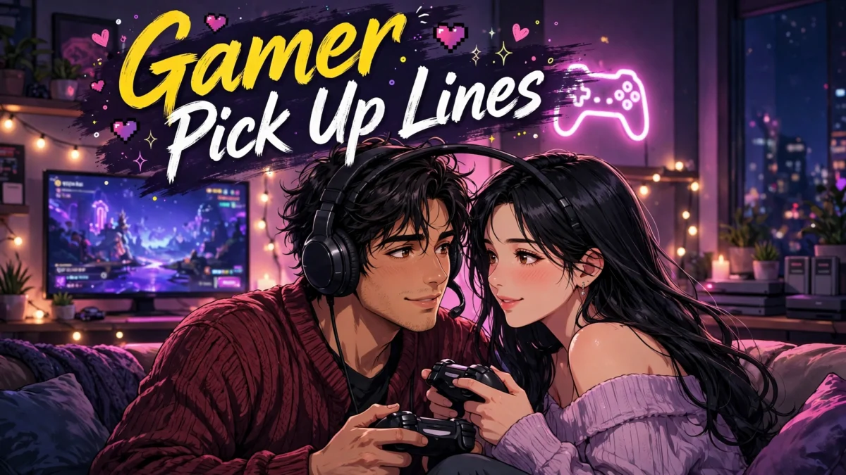 Flirty Gamer Pick Up Lines image: anime couple sharing one headset on a cozy couch at night, holding controllers close together with hearts around them, title text in the upper area