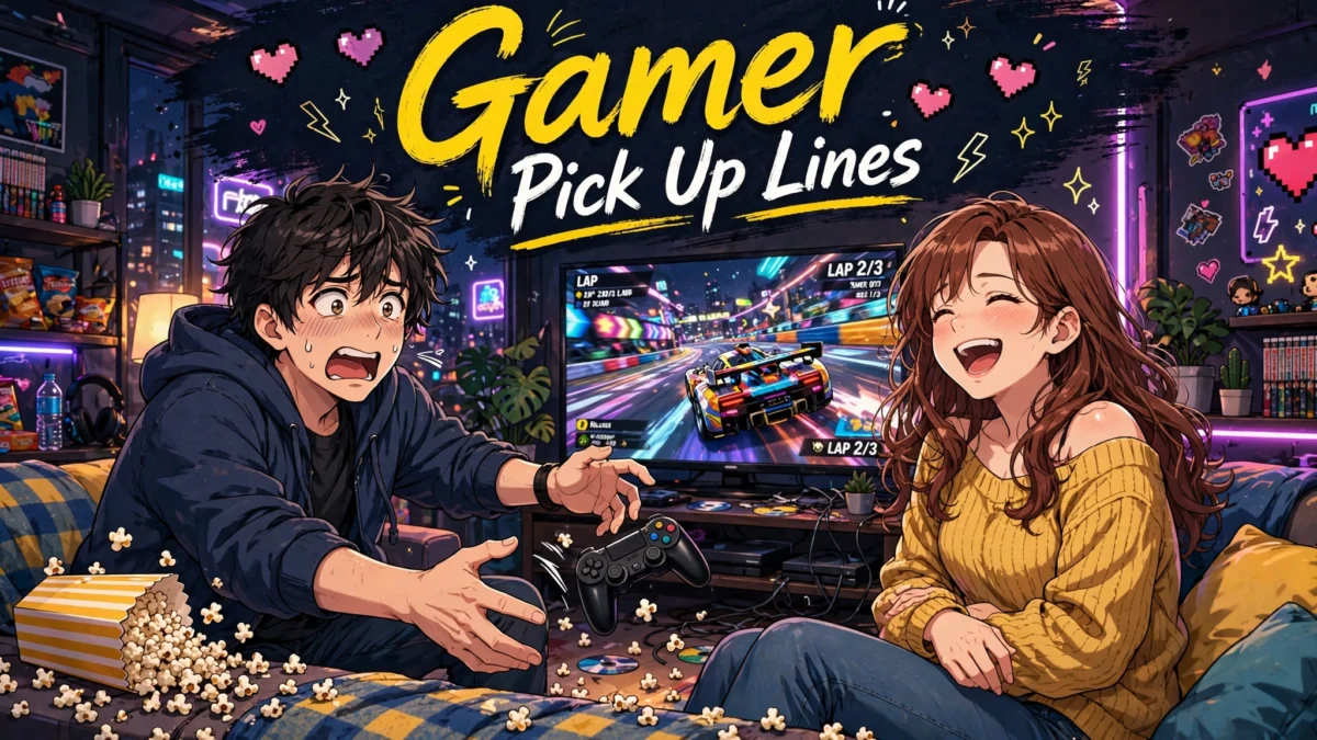 Funny Gamer Pick Up Lines image: laughing anime couple gaming on a couch,