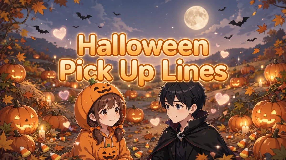 Halloween Pick Up Lines featured image: anime couple in cute Halloween costumes (pumpkin-hoodie girl, vampire-cape boy) in a pumpkin patch at dusk, title text in the center