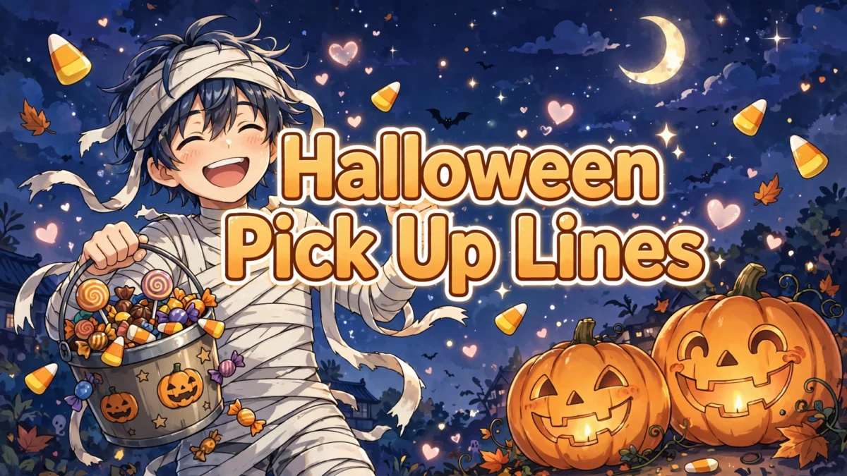 Funny Halloween Pick Up Lines image: laughing anime boy in a goofy mummy costume holding a candy bucket, title text in the center
