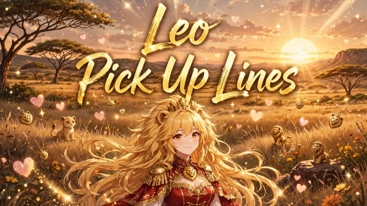 Leo Pick Up Lines featured image: regal anime girl with golden lion-mane hair and crown in a sunset savanna scene, title text in the center
