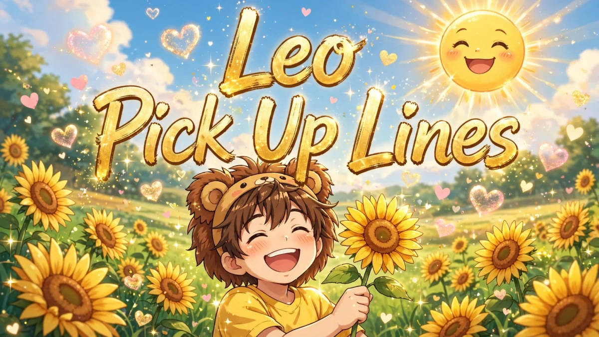 Funny Leo Pick Up Lines image: laughing anime boy with lion-ear headband holding a sunflower in a sunny meadow, title text in the center