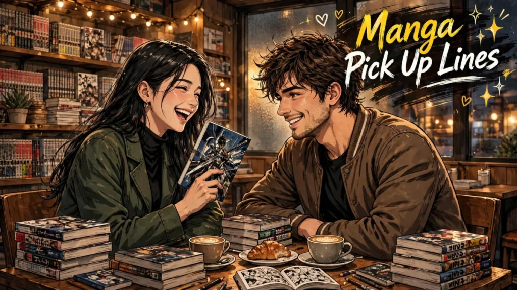 Manga pick up lines for a manga cafe date: a couple laughs over manga volumes and coffee at a shared table.