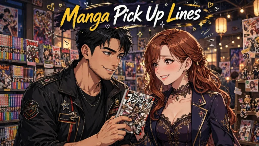 Flirty manga pick up lines at a cosplay convention: a man offers a manga volume to a smiling woman in front of manga shelves.