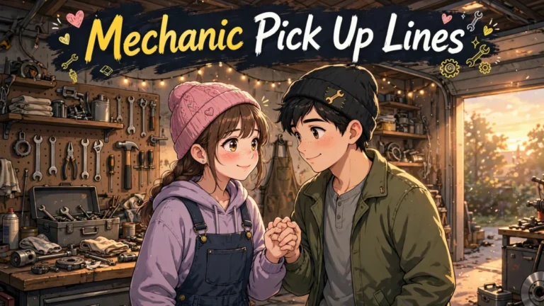 A young couple sharing a sweet flirty moment in a warm auto garage, perfect for these mechanic pick up lines