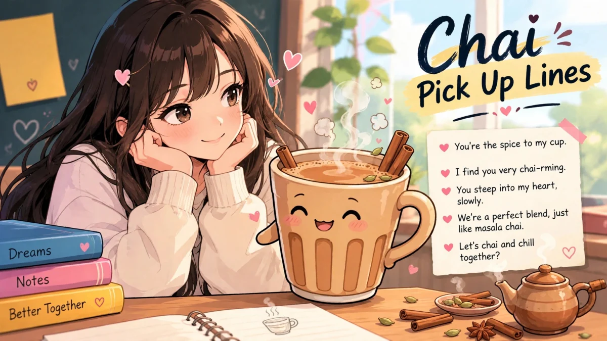 Cute anime girl smiling beside a happy masala chai cup character, 'Chai Pick Up Lines' headline in dark navy brush script on a yellow highlight, note paper with heart bullets, cinnamon sticks, cardamom and teapot props, floating hearts.