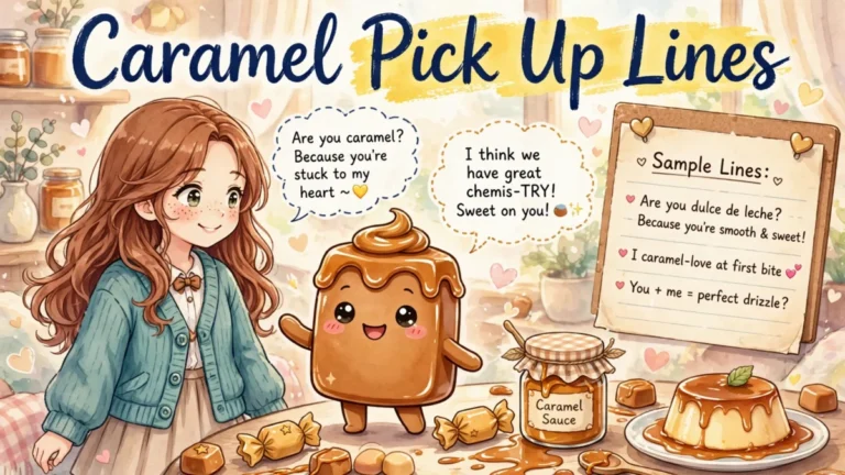 Cute anime girl with long auburn wavy hair and a smiling caramel candy character holding a jar of caramel sauce, headline reading Caramel Pick Up Lines