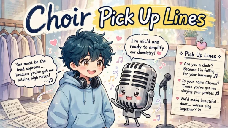 Choir Pick Up Lines featured image: cute anime boy with fluffy dark teal hair in a pastel-blue hoodie smiling beside a smiling vintage microphone character, headline Choir Pick Up Lines with yellow brush-stroke highlight and heart-bullet note paper