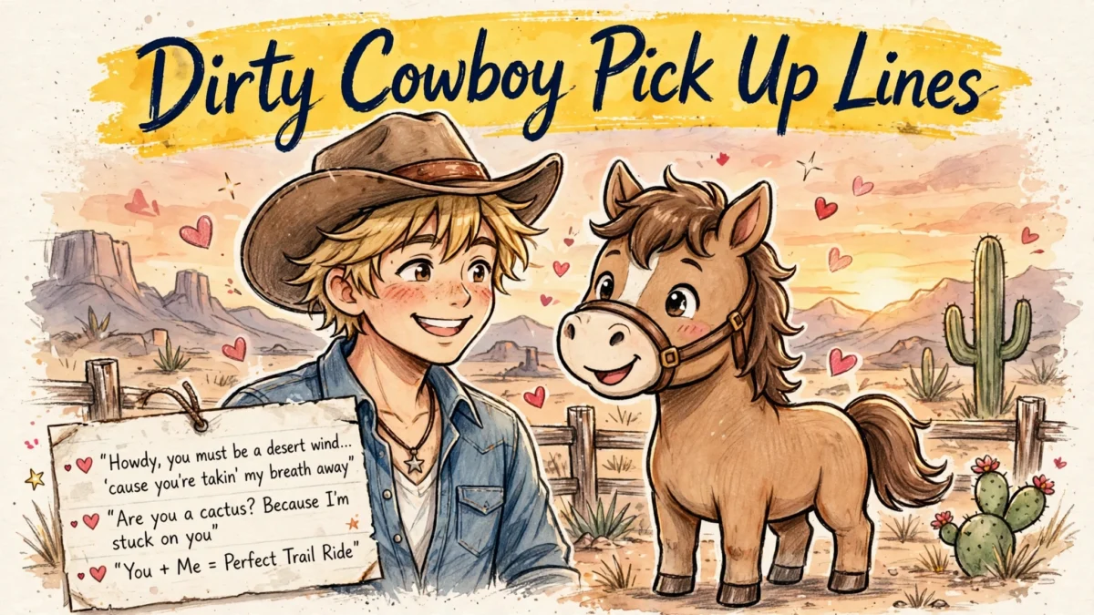 Dirty Cowboy Pick Up Lines featured image: smiling anime cowboy boy with sandy-blond hair and brown cowboy hat beside a smiling horse character in a desert sunset with cactus and floating hearts
