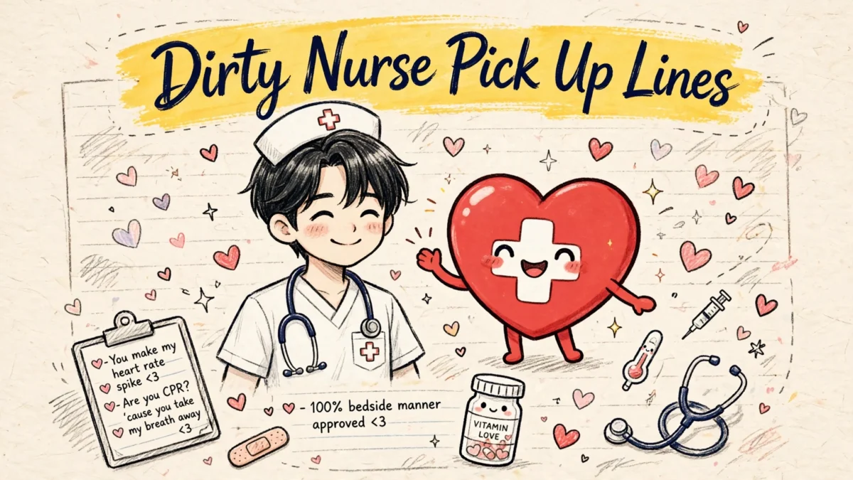 Dirty Nurse Pick Up Lines featured image: smiling anime boy nurse with black hair in white scrubs beside a smiling red-cross heart character with stethoscope and floating hearts