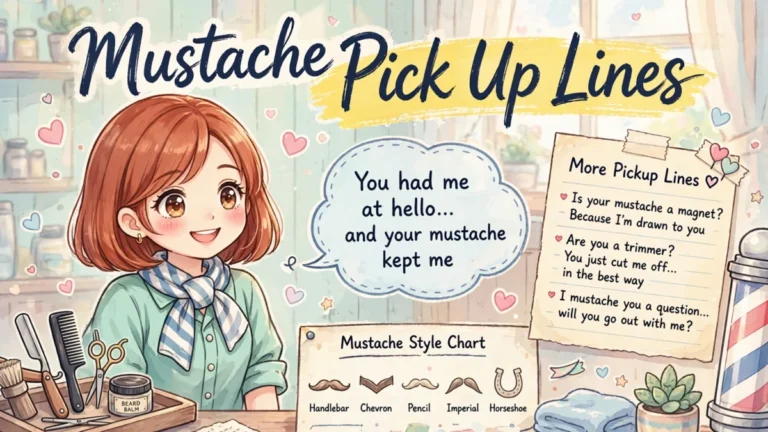 Cute anime girl in a barbershop with the headline Mustache Pick Up Lines, a speech bubble, and a mustache style chart