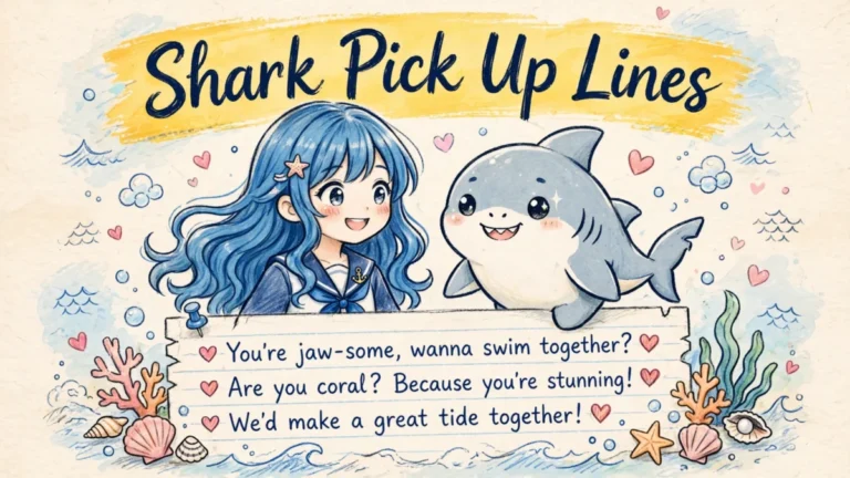 Shark Pick Up Lines featured image: smiling anime girl with long ocean-blue wavy hair beside a smiling shark character with waves, seashells and floating hearts