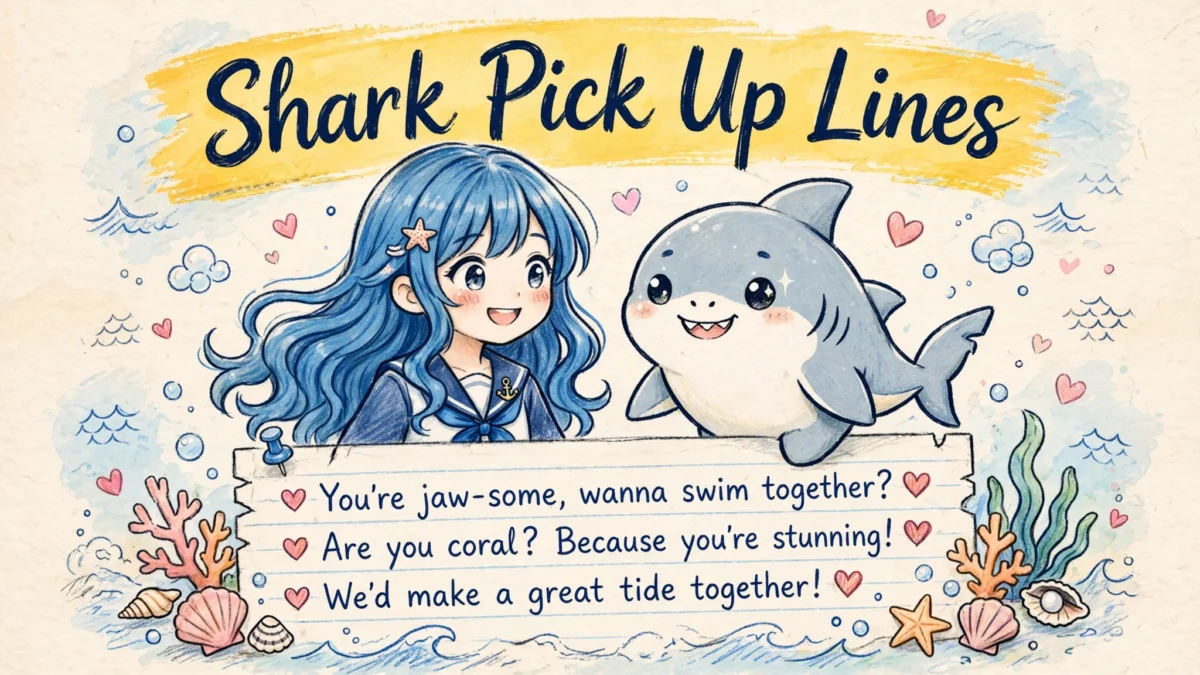 Shark Pick Up Lines featured image: smiling anime girl with long ocean-blue wavy hair beside a smiling shark character with waves, seashells and floating hearts