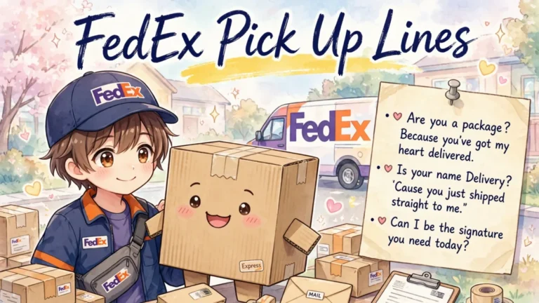 FedEx Pick Up Lines featured image: cute anime delivery character with a smiling package character, headline FedEx Pick Up Lines with yellow brush-stroke highlight and heart-bullet note paper