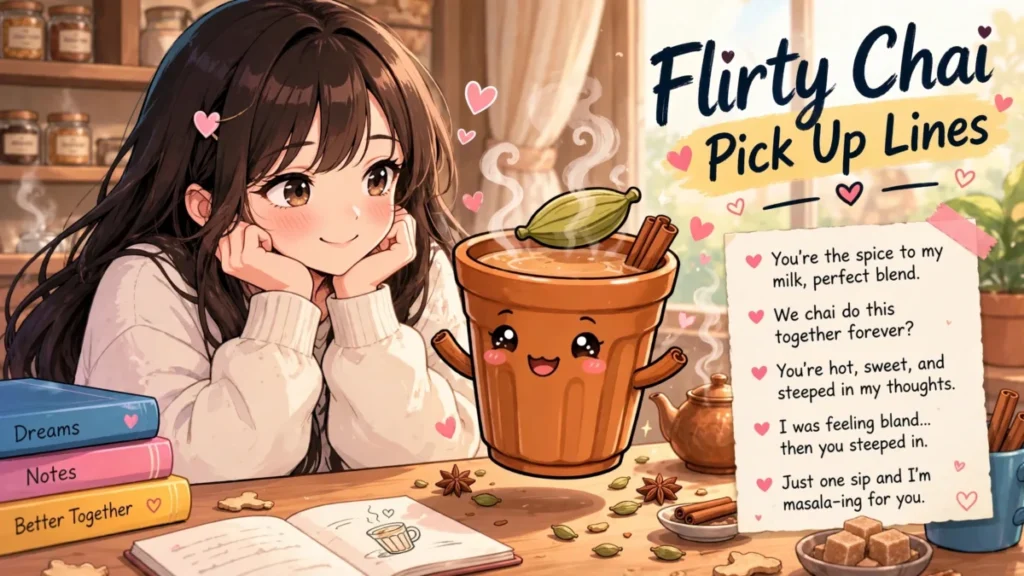 Blushing cute anime girl beside a smiling masala chai cup character in romantic warm tones, 'Flirty Chai Pick Up Lines' headline in navy brush script on a yellow highlight, note paper with flirty sample lines.