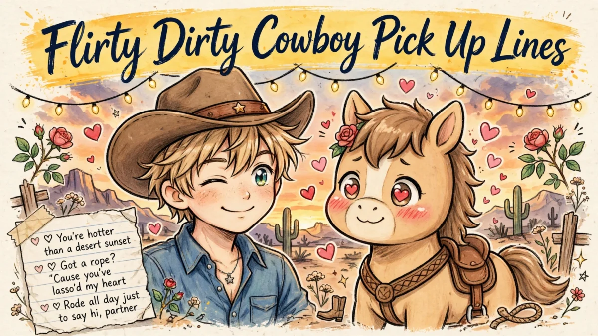 Flirty Dirty Cowboy Pick Up Lines image: winking anime cowboy boy beside a blushing horse character among floating hearts at sunset