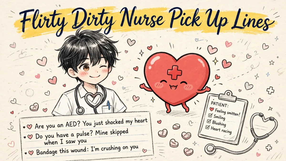 Flirty Dirty Nurse Pick Up Lines image: winking anime boy nurse beside a blushing red-cross heart character among floating hearts