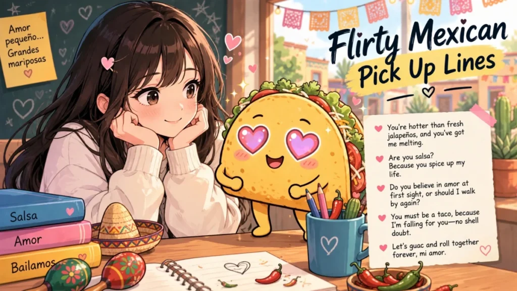 Flirty Mexican Pick Up Lines image: blushing anime girl beside a heart-eyed cartoon taco, headline 'Flirty Mexican Pick Up Lines' in dark navy brush script on a yellow brush highlight, note-paper with heart bullets of flirty sample lines, maracas, chili peppers, cactus, warm romantic tones.