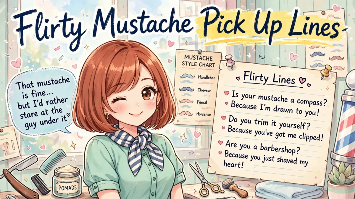Anime girl winking with the headline Flirty Mustache Pick Up Lines, flirty mustache pick up lines listed on a note-paper