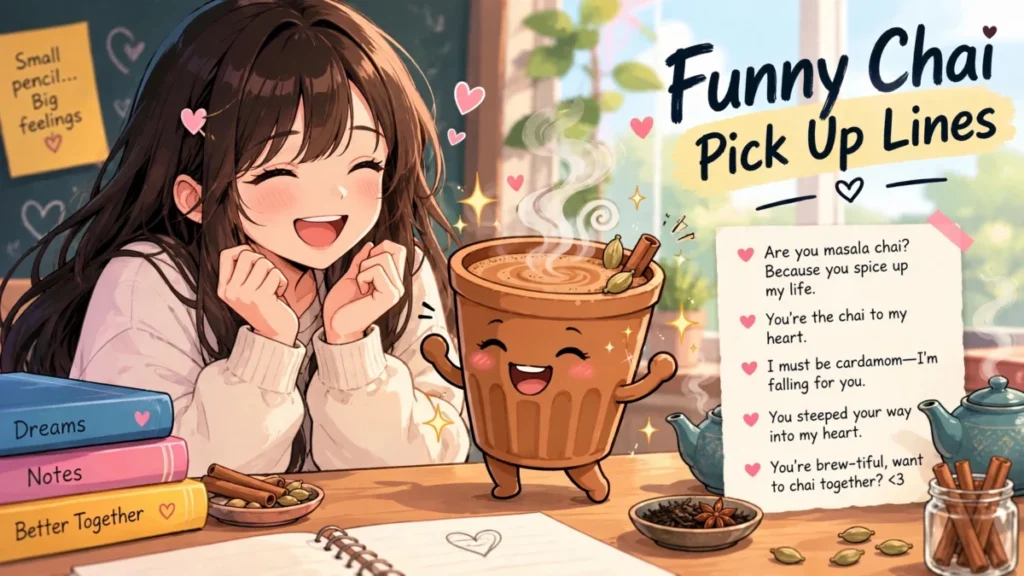 Cute anime girl laughing beside a laughing masala chai cup character with comic sparkles, 'Funny Chai Pick Up Lines' headline in navy brush script on a yellow highlight, note paper with funny sample lines.