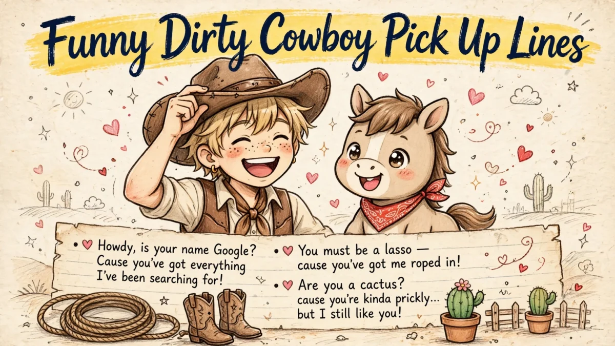 Funny Dirty Cowboy Pick Up Lines image: laughing anime cowboy boy tipping his hat beside a giggling horse character with lasso and cowboy boots