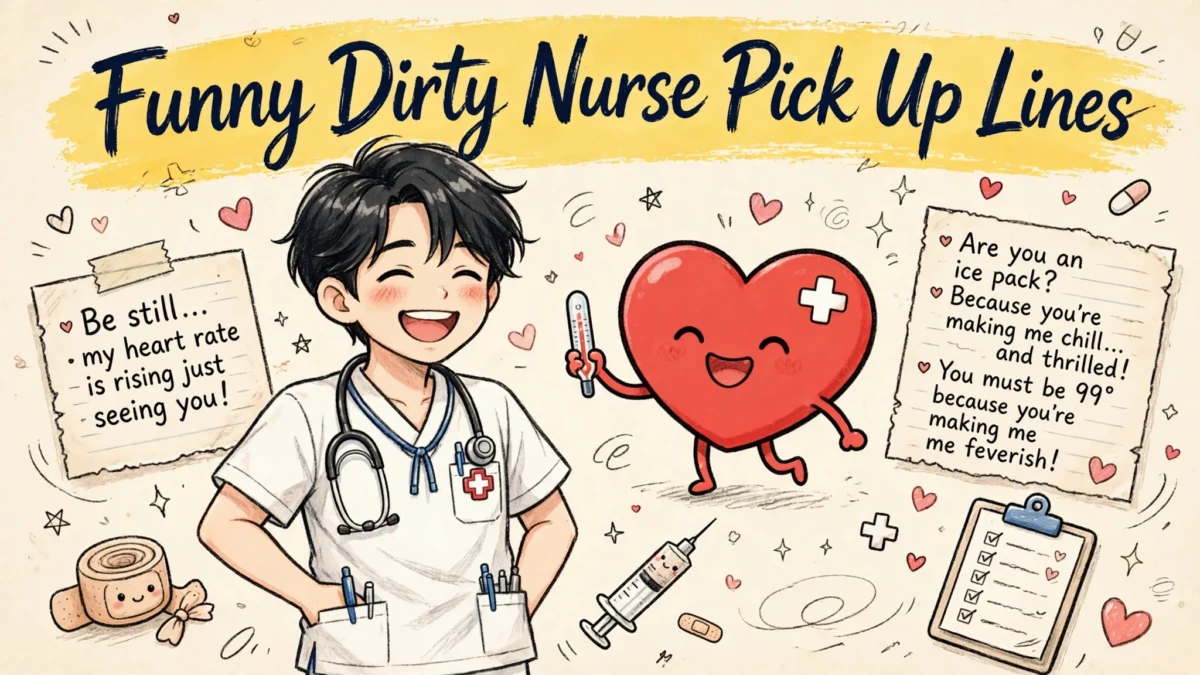 Funny Dirty Nurse Pick Up Lines image: laughing anime boy nurse beside a giggling red-cross heart character holding a tiny thermometer
