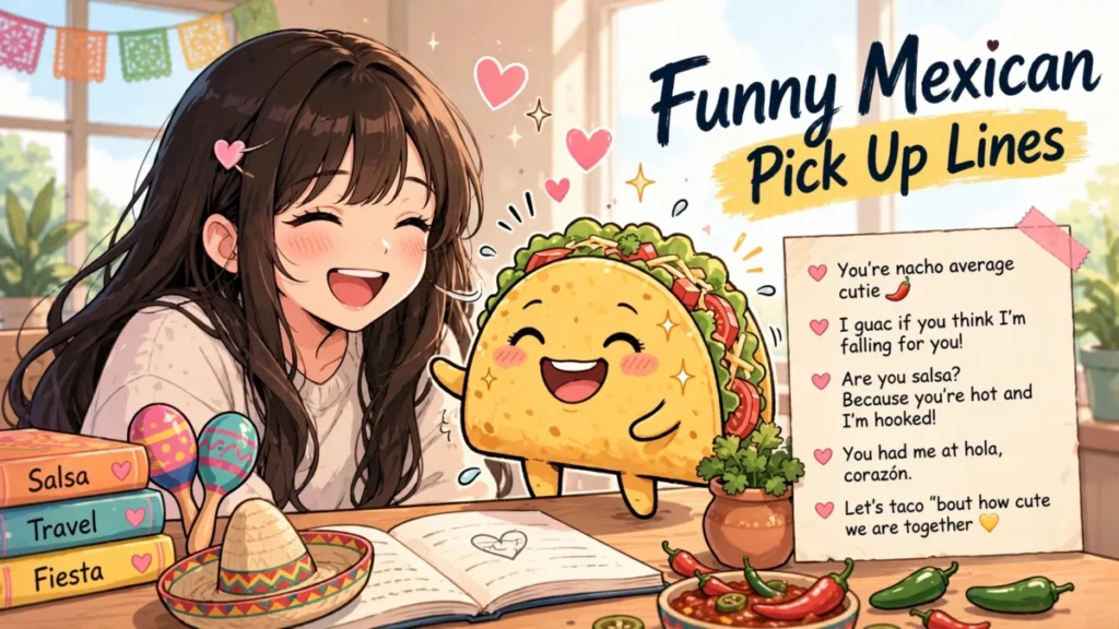 Funny Mexican Pick Up Lines image: laughing anime girl beside a laughing cartoon taco with comic sparkles, headline 'Funny Mexican Pick Up Lines' in dark navy brush script on a yellow brush highlight, note-paper with heart bullets of funny sample lines, maracas, sombrero, salsa bowl and jalapeños, floating hearts.